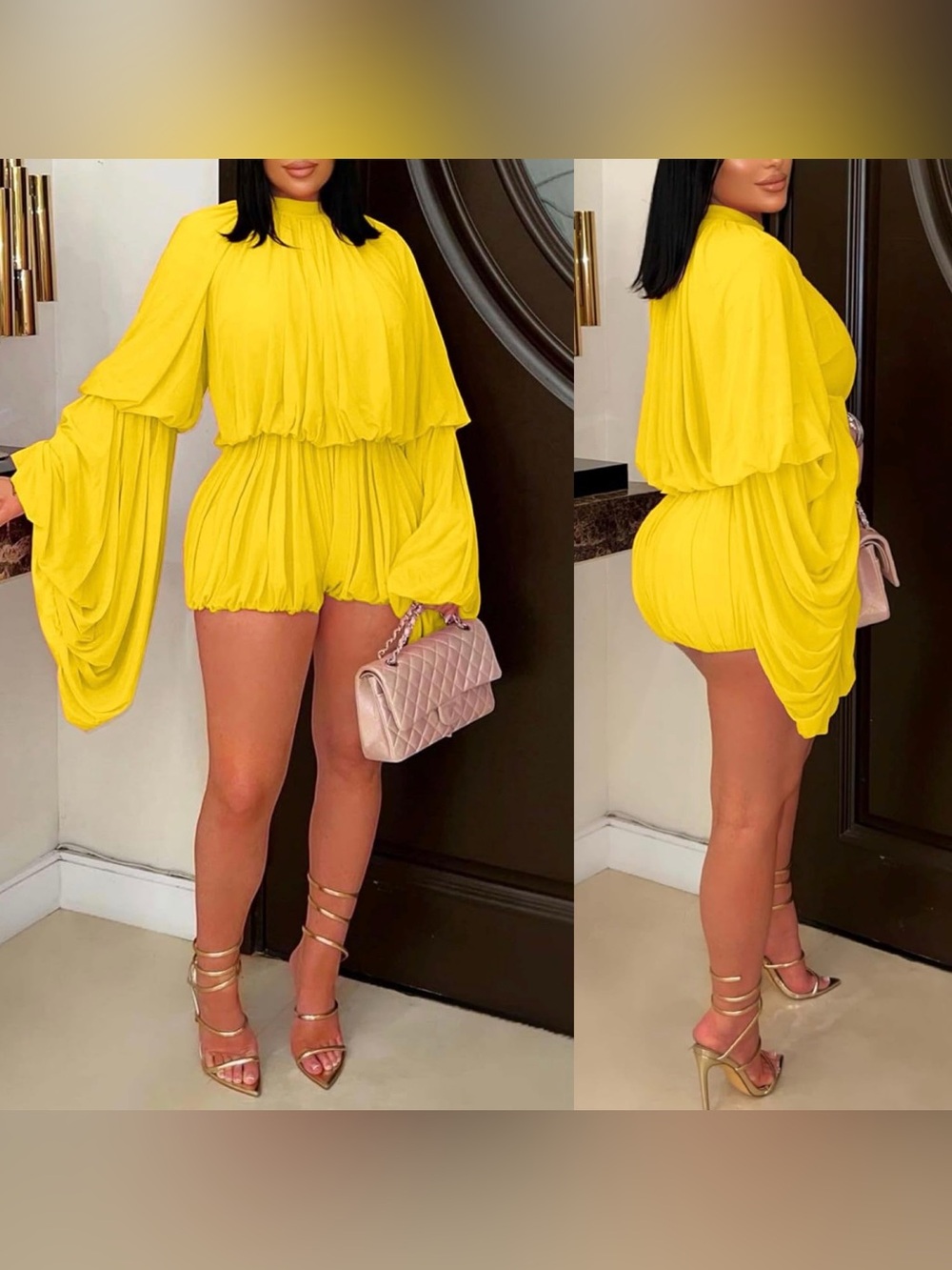 Bright Yellow Draped Long-Sleeve Romper